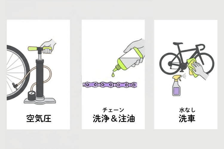 初心者が覚えるべきメンテナンス「空気圧」「チェーン注油」「水なし洗車」